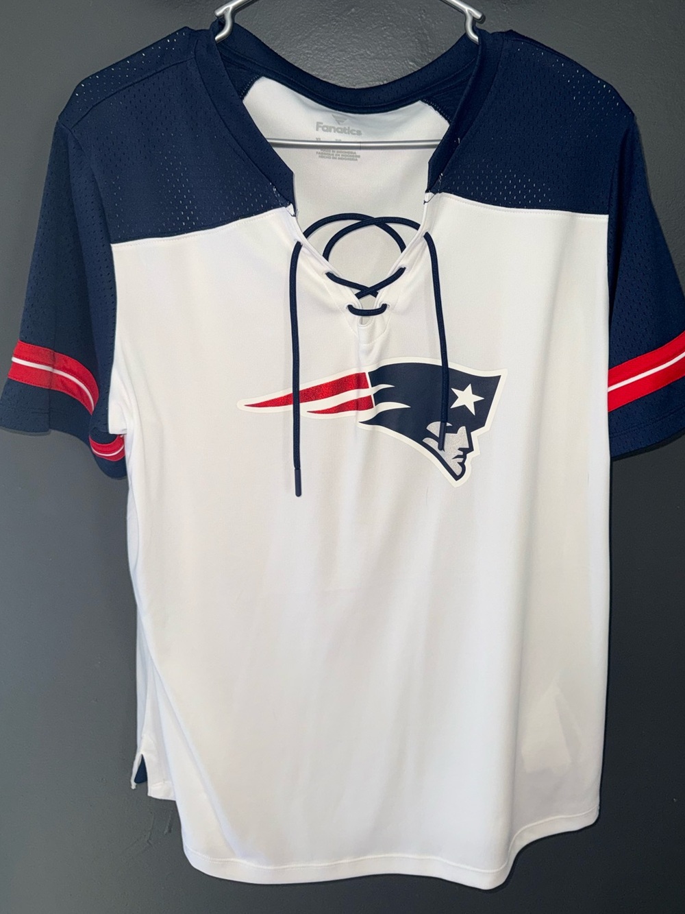 Fanatics White, Navy & Red New England Patriots Lace-Up Jersey Top